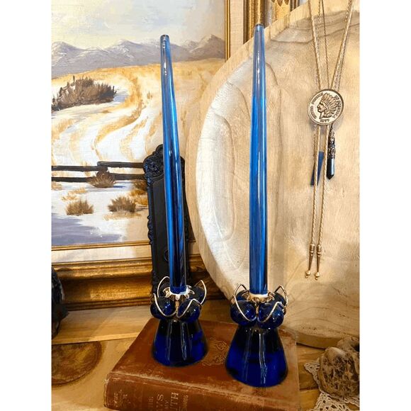 Vintage MCM Blue Lucite Taper Candles with Matching Candle Holders - Picture 5 of 5